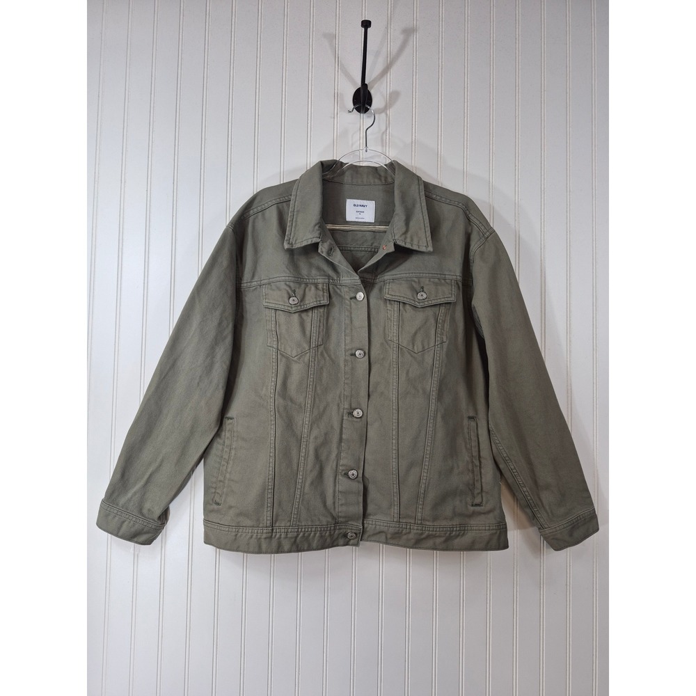Old Navy Boyfriend Denim Jacket XL Olive Green Cotton Button Up Trucker Rugged
